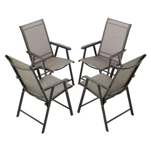 Set of 4 Brown Metallic Frame and Fabric Foldable Garden Chairs Set