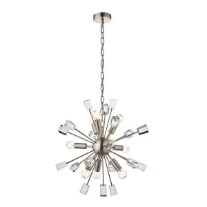 Luminosa Miro 9 Light Ceiling Pendant Satin Nickel Plate & Clear Crystal Glass, E14