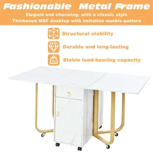 Folding Dining Table with Cupboard and 2 Drawers,  Space-saving Dining Table with 4 Supporting Legs on Gliders, White/Gold