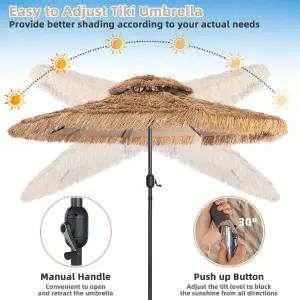 Costway 3M Hula Thatched Patio Tiki Umbrella Hawaiian Umbrella w/ Manual Crank