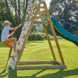 Rebo Children's Wooden Free Standing 10ft Kids Water Slide with Adventure Wall - Green