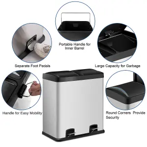 Costway 60L Double Recycle Pedal Bin Stainless Steel Dual Step Trash Can Garbage Bin