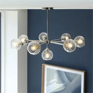 8 Light Pendant Lamp & 2x Matching Wall Lights - Bright Nickel Clear Spiral Patterned Shade