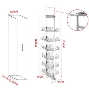 6 Tier Metal Pull out Storage Basket Tall and Narrow Cabinet Basket Shelf H 215 cm x W 25 cm x D 46 cm