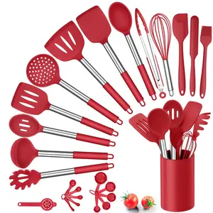 Silicone Kitchen Utensils Set, 25 Pcs Cooking Utensil With Holder, Heat Resistant Kitchen Tools With Stainless Steel Handle For Non-Stick Cookware, Turner Spatula Spoon Tong Brush Whisk, Red Red