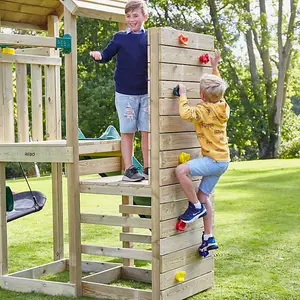 Rebo Wooden Climbing Frame with Vertical Rock Wall, Swing Set and Slide - Rushmore+ Pink