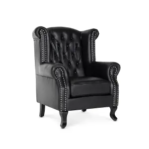 Faux Leather Balmoral Wing Back Chair with Buttons Black