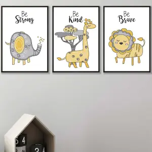 Set of 3 Scandi Nursery Elephant Animals Quote Yellow Grey Wall Art Prints / 50x70cm / Black Frame