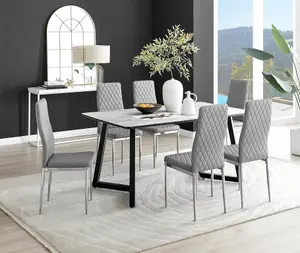 Furniturebox UK Carson White Marble Effect Dining Table & 6 Grey Milan Chrome Leg Chairs