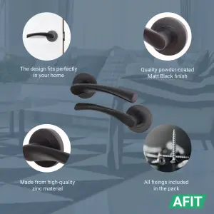 AFIT Matt Black Internal Door Handle - 4 Pairs Matt Black Lever on Rose Round Handles Novi Range