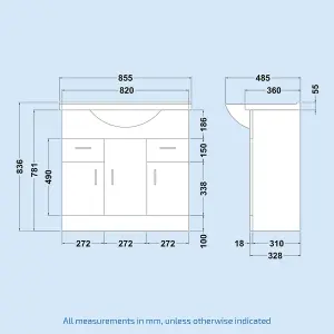 Nes Home 850mm Floorstanding 3 Door Basin Vanity Unit White