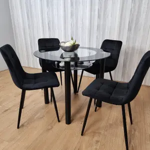 Round Glass Black Kitchen Dining Table With Storage Shelf And 4 Black Tufted Velvet Chairs Kitchen Dining Set