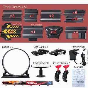 Fast & Furious Stunt Raceway Electric Racetrack Slot Car Set, Track 7.3M / 24FT Racetrack With 360 Loops & Lap Counter