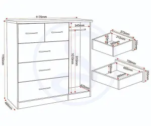 Nevada 5 Drawer 1 Door Low Wardrobe in Black Gloss Finish