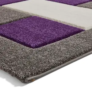 Grey Purple Modern Easy to Clean Bordered Chequered Geometric Rug For Dining Room-80cm X 150cm