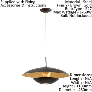 Pendant Ceiling Light Steel Brown Outer & Gold Inner Shade Bulb E27 1x60W