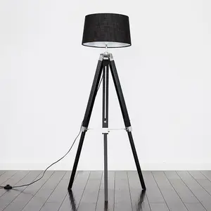 ValueLights Clipper Black Wood and Silver Chrome Tripod Floor Lamp with Black Tapered Shade - Complete with 6w LED GLS Bulb