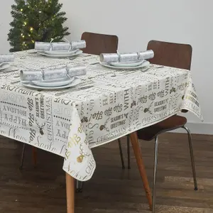 Celebright Festive Christmas PVC Tablecloth Set of 2 - Gold Joyful Holiday Expressions & Silver Blizzard Design - 52x90in