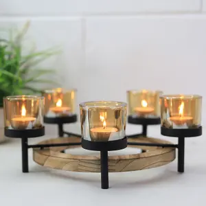 Tea Light Holder 5pc Amber Candle Jars with Round Tealight Wooden Stand Decor