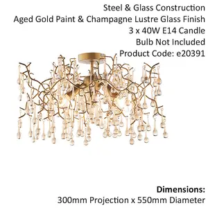 Aged Gold Semi Flush Ceiling Light with Glass Droplets 3 Bulb Low Hanging Light