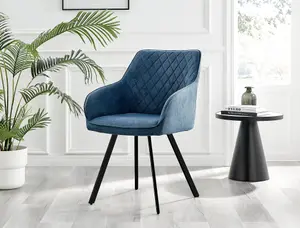 Furniturebox UK Palma Black Semi-Gloss Round Pedestal Dining Table & 6 Blue Fabric Falun Black Leg Chairs