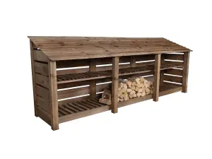 Slatted wooden log store with kindling shelf W-335cm, H-126cm, D-88cm - brown finish