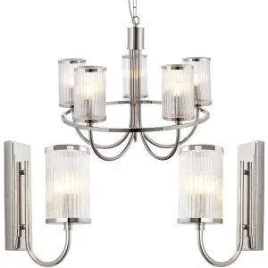 5 Light Hanging Ceiling Pendant & 2x Matching Wall Lights - Bright Nickel Frame Clear Ribbed Bubble Glass Shades