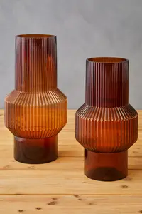 Interiors by Premier Small Ribbed Brown Glass Vase,  Brown Flower Vase with Wide Middle Section and Smooth Base, Decorative Vase