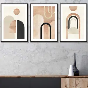 Set of 3 Mid Century Terracotta and Black Arches Wall Art Prints / 30x42cm (A3) / Black Frame