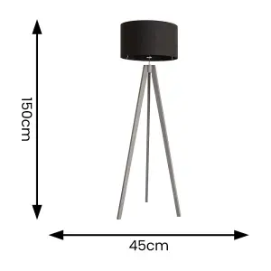 ValueLights Jackson Grey Wood Tripod Floor Lamp with Black Fabric Lamp Shade and LED Bulb