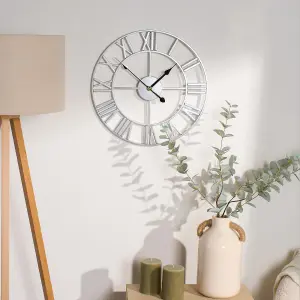 Large Wall Clock Roman Numerals Skeleton Big Open Round Face, Silver