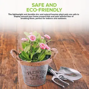 LIVIVO Zinc Plant Pot with Cotton Rope Handles - 'Flowers & Garden' Design for Outdoor or Indoor, Flower Herb & Pot (Set of 3)