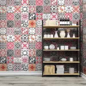 Walplus Black and Red Vintage Azulejo Combo Mix Tile Stickers