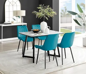 Carson 4 Seater White Marble Effect Rectangular Scratch Resistant Dining Table with 4 Blue Pesaro Velvet Black Leg Chairs