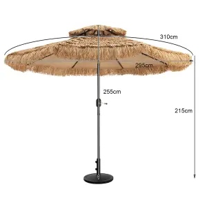 Costway 3M Hula Thatched Patio Tiki Umbrella Hawaiian Umbrella w/ Manual Crank