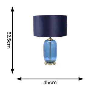 ValueLights Leigh Navy Blue Glass and Gold Detail Table Lamp with Velvet Drum Shade Light - LED Bulb Included