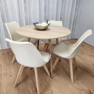 Round Oak Effect Kitchen Dining Table With 4 Cream Tulip Chairs Table Set