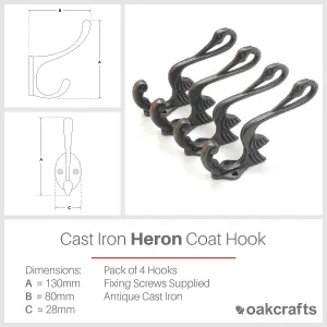 Oakcrafts - Heron Design Coat Hook - Pack of 4 Hooks