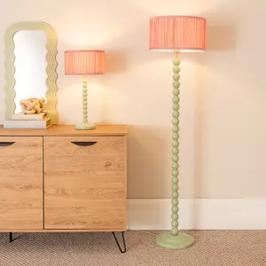 ValueLights Bobbins Sage Green Table Lamp with Ruched Pleated Blush Pink Drum Lamp Shade