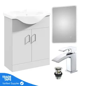 Gloss White 650mm Floor Standing 2-Door Vanity Unit & Round Basin with Square Chrome Tap and Black Frame Mirror