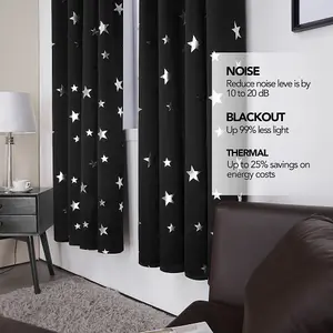 Deconovo Black Curtains Stars Foil Printed Thermal Curtains Eyelet Blackout Curtains for Bedroom 46 x 54 Inch Black 1 Pair