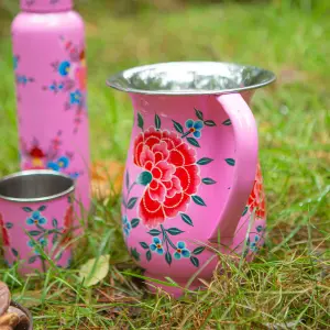 BillyCan Hand-Painted Picnic Water Jug with 300ml Multicolour Cups - 1.7L - Raspberry Peony