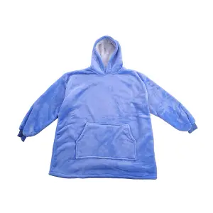 Blue Oversized Sherpa Flannel Hoodie Blanket with Front Pocket