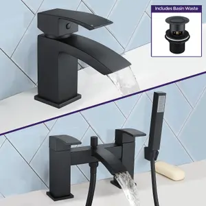 Nes Home Tesa Shower Handset Mixer, Basin Mixer Tap & Waste Matte Black