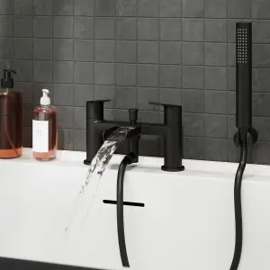 GoodHome Ajeeta Matt Black Deck-mounted Bath mixer tap with shower kit