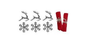 Christmas Napkin Rings 6 Silver Serviette Holder Ring Reindeer & Snowflake