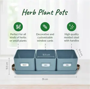 Herb Pots 2 Set Teal Blue Indoor Planters with Leather Handled Tray for Kitchen Windowsill Herb Garden