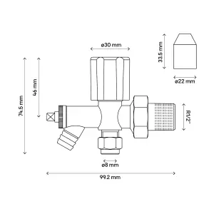 Flomasta Gloss chrome effect Angled Manual Radiator valve & drain off, (Dia)8mm, Pack of 1