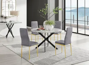 Furniturebox UK Novara White Marble Black Leg 120cm Round Dining Table & 4 Grey Velvet Milan Gold Leg Chairs