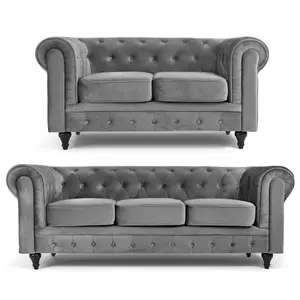 Velvet Chesterfield 2 Seater Sofa - Grey